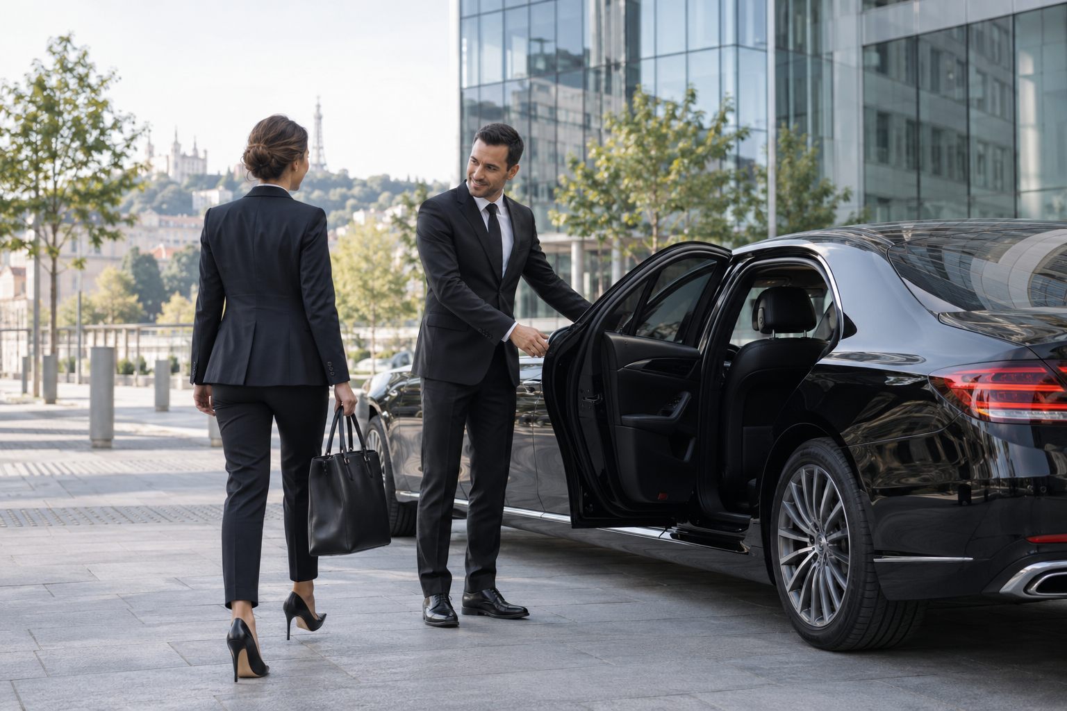 Chauffeur VTC accueillant une cliente près d’une berline noire à Lyon