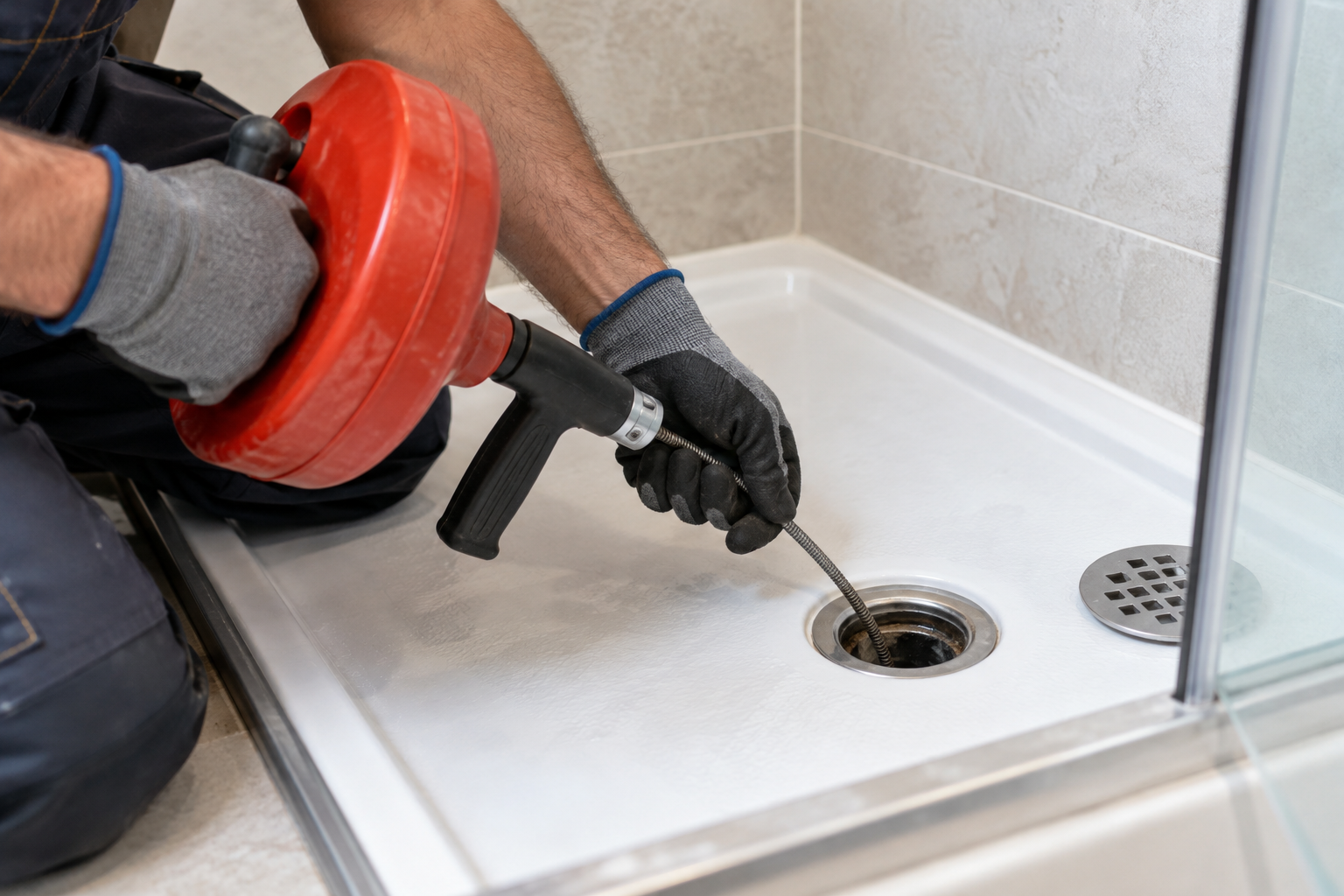 Plombier utilisant un furet pour déboucher une douche à Marseille